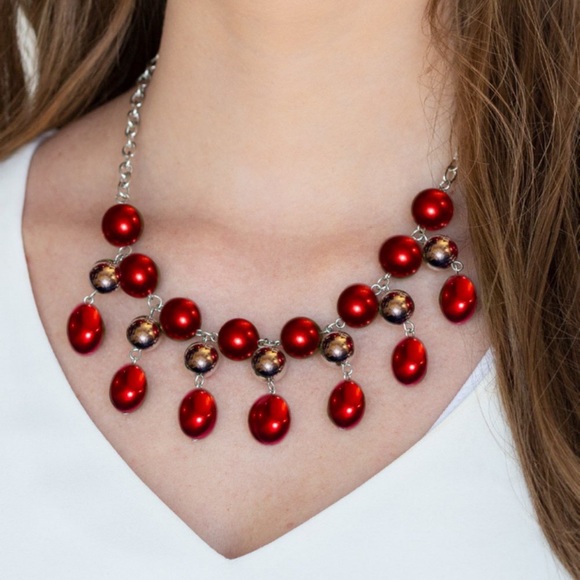 Red and Silver Necklace - Paparazzi - Matching Earrings